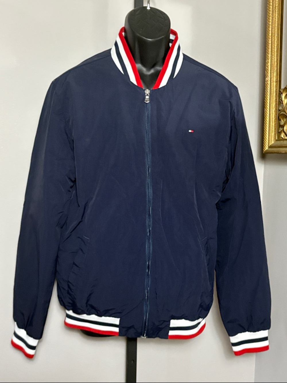 Tommy Hilfiger Large Navy Bomber Jacket with Striped Rib Trim